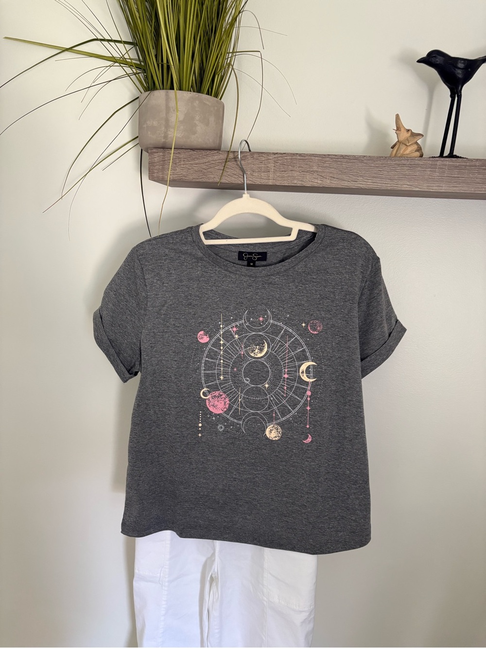 Jessica Simpson Charcoal Short Sleeve Tee with Pink & Gold Celestial Graphic nwt